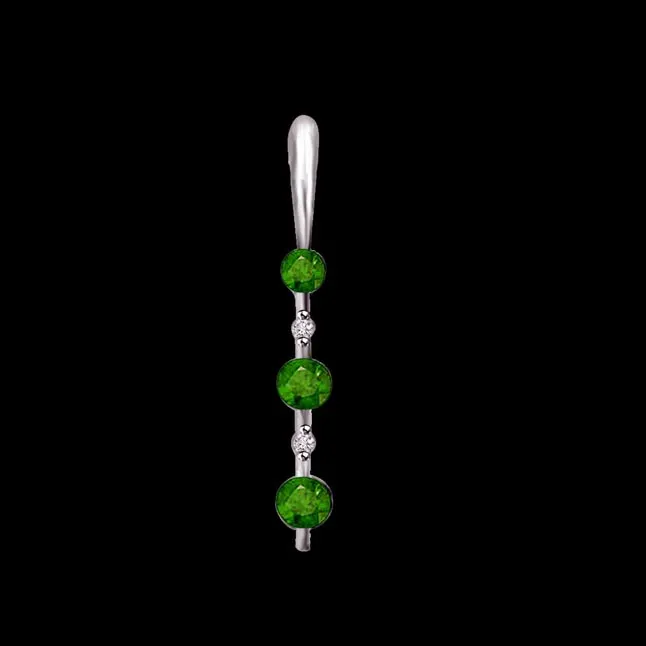 Green Leaves Land - Real Diamond, Green Emerald & Sterling Silver Pendant with 18 IN Chain (SDP229)