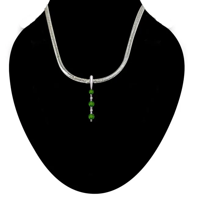 Green Leaves Land - Real Diamond, Green Emerald & Sterling Silver Pendant with 18 IN Chain (SDP229)