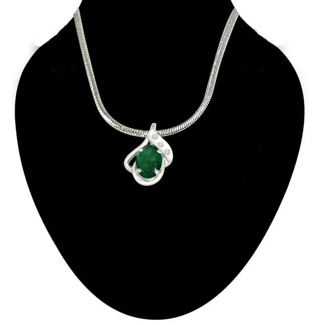 Sweet Connections - Real Diamond, Green Emerald & Sterling Silver Pendant with 18 IN Chain (SDP235)