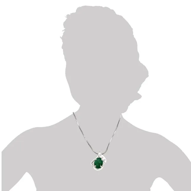 Sweet Connections - Real Diamond, Green Emerald & Sterling Silver Pendant with 18 IN Chain (SDP235)