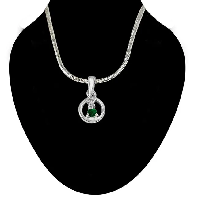 Delicate Life - Real Diamond & Green Emerald Pendant in Sterling Silver with 18 IN Chain (SDP236)