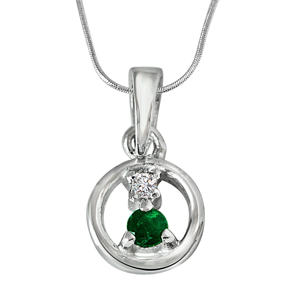 Delicate Life - Real Diamond & Green Emerald Pendant in Sterling Silver with 18 IN Chain (SDP236)