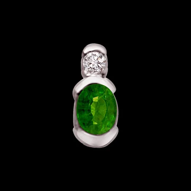 Green Glory - Real Diamond, Green Emerald & Sterling Silver Pendant with 18 IN Chain (SDP237)