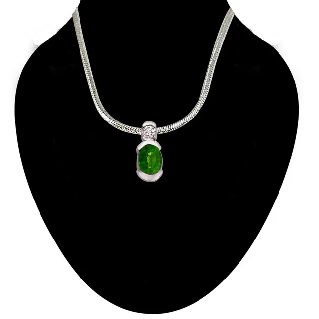 Green Glory - Real Diamond, Green Emerald & Sterling Silver Pendant with 18 IN Chain (SDP237)