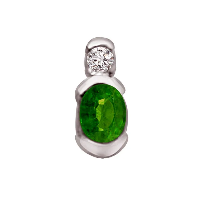 Green Glory - Real Diamond, Green Emerald & Sterling Silver Pendant with 18 IN Chain (SDP237)