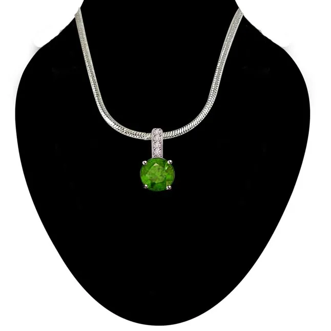 Green Maze - Real Diamond, Green Emerald & Sterling Silver Pendant with 18 IN Chain (SDP238)