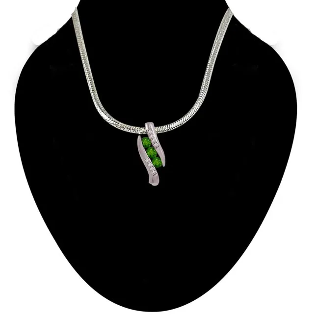 Senorita's Emerald - Real Diamond, Green Emerald & Sterling Silver Pendant with 18 IN Chain (SDP241)