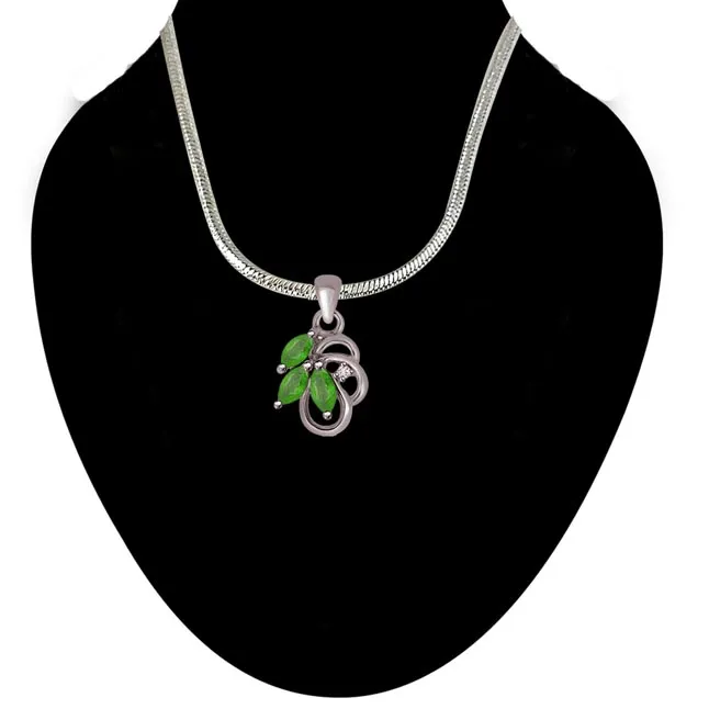 Greeno Mania Twist - Real Diamond, Green Emerald & Sterling Silver Pendant with 18 IN Chain (SDP242)