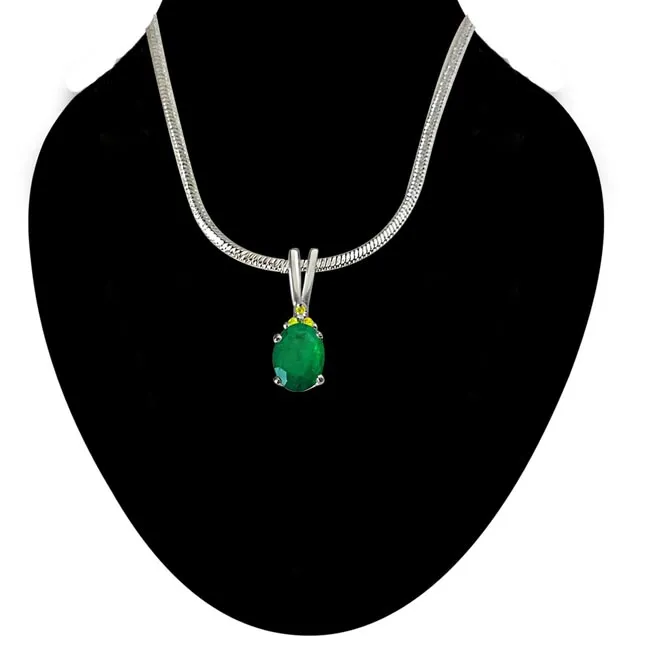 Green Theme - Real Diamond & Green Emerald Pendant in Sterling Silver with 18 IN Chain (SDP243)