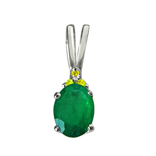 Green Theme - Real Diamond & Green Emerald Pendant in Sterling Silver with 18 IN Chain (SDP243)