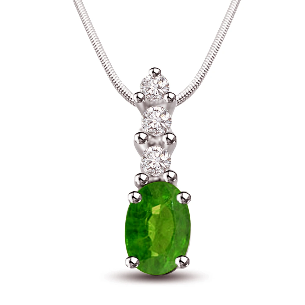 Greeno Mania - Real Diamond, Green Emerald & Sterling Silver Pendant with 18 IN Chain (SDP244)