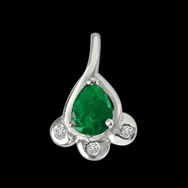 Green Bud - Real Diamond & Green Emerald Pendant in Sterling Silver with 18 IN Chain (SDP245)