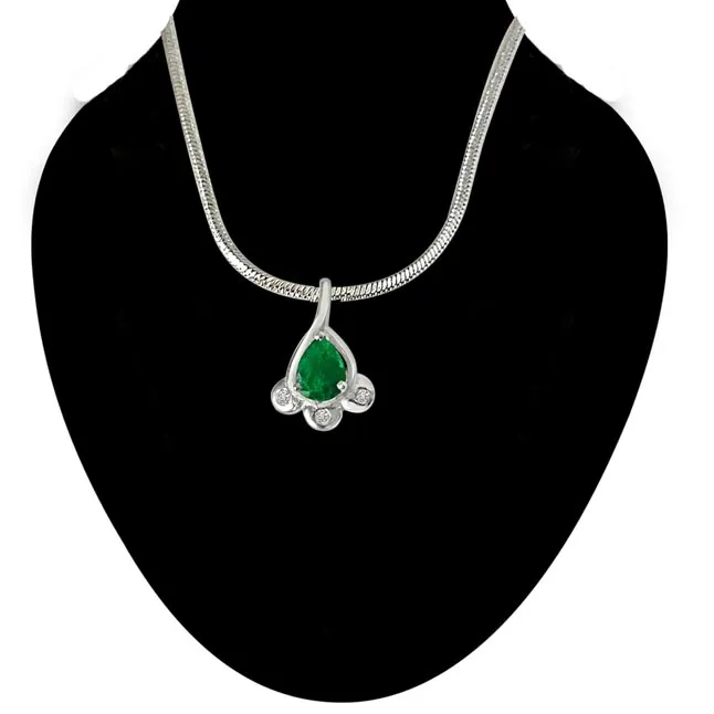 Green Bud - Real Diamond & Green Emerald Pendant in Sterling Silver with 18 IN Chain (SDP245)