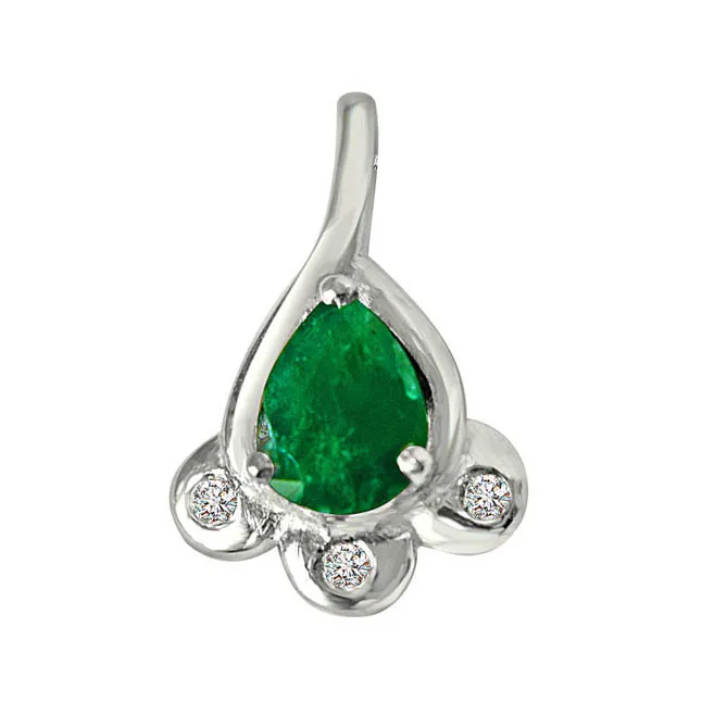 Green Bud - Real Diamond & Green Emerald Pendant in Sterling Silver with 18 IN Chain (SDP245)