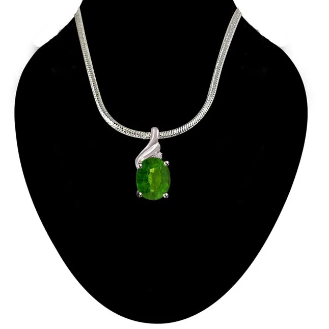 Green Bewitchment - Real Diamond, Green Emerald & Sterling Silver Pendant with 18 IN Chain (SDP246)