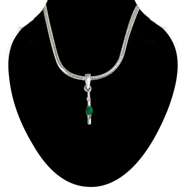 Green Stick - Real Diamond & Green Emerald Pendant in Sterling Silver with 18 IN Chain (SDP247)