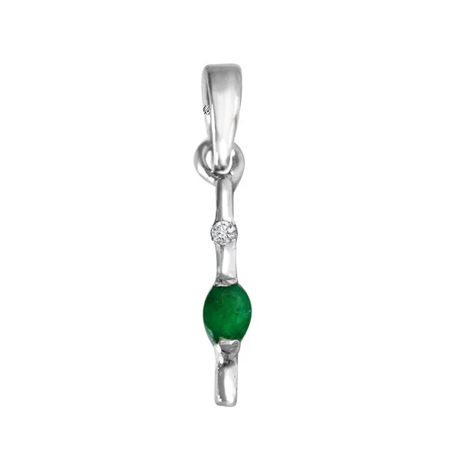 Green Stick - Real Diamond & Green Emerald Pendant in Sterling Silver with 18 IN Chain (SDP247)