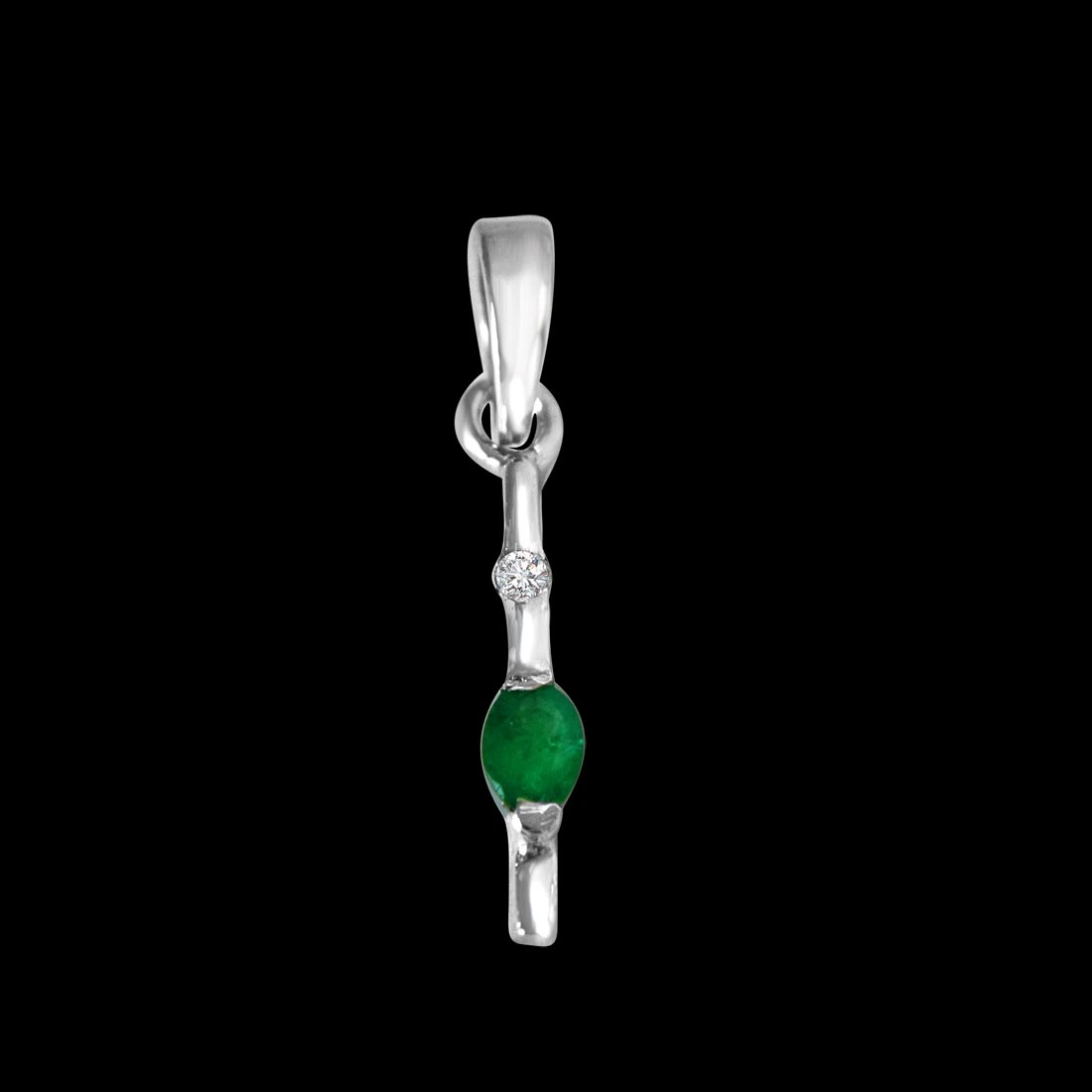Green Stick - Real Diamond & Green Emerald Pendant in Sterling Silver with 18 IN Chain (SDP247)