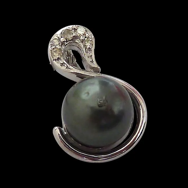 Black Tahitian Solitaire Pearl & Diamond Pendant with 18 IN Chain (SDP248)