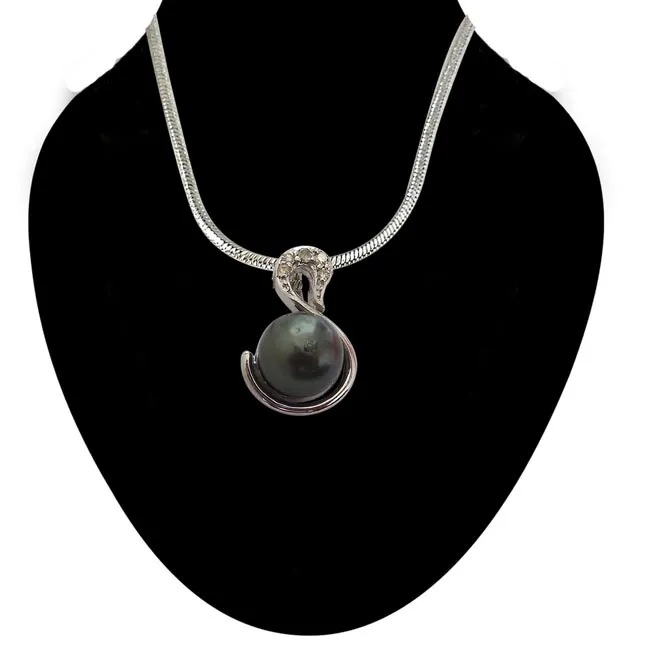 Black Tahitian Solitaire Pearl & Diamond Pendant with 18 IN Chain (SDP248)