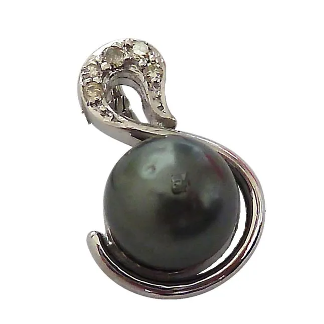 Black Tahitian Solitaire Pearl & Diamond Pendant with 18 IN Chain (SDP248)