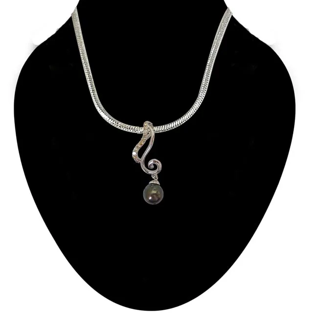 Curvacious - Real Diamond & Tahitian Black Pearl Low Cost Pendant with 18 IN Chain (SDP249)