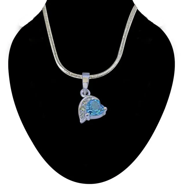 Heart Shaped Swiss Blue Topaz & 4 Big Real Diamond 925 Silver Pendant with 18 IN Chain (SDP251)