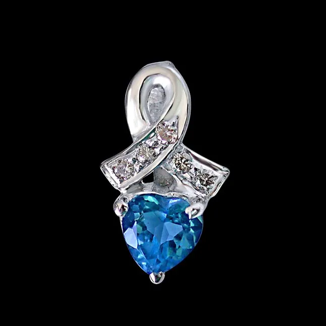 Real Diamond & Heart Shaped Blue Topaz Pendant with 18 IN Chain (SDP254)