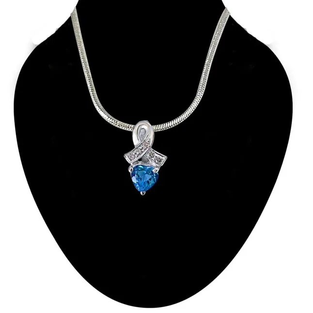 Real Diamond & Heart Shaped Blue Topaz Pendant with 18 IN Chain (SDP254)