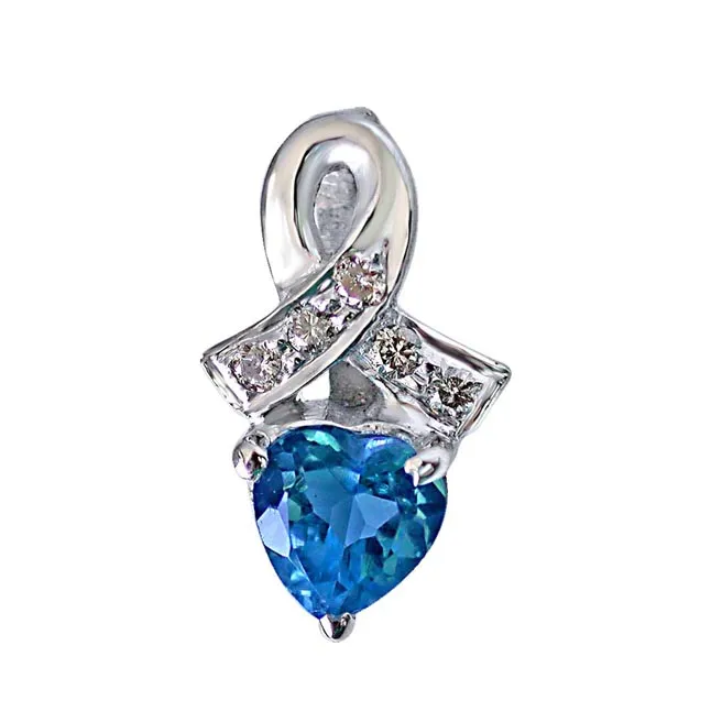 Real Diamond & Heart Shaped Blue Topaz Pendant with 18 IN Chain (SDP254)