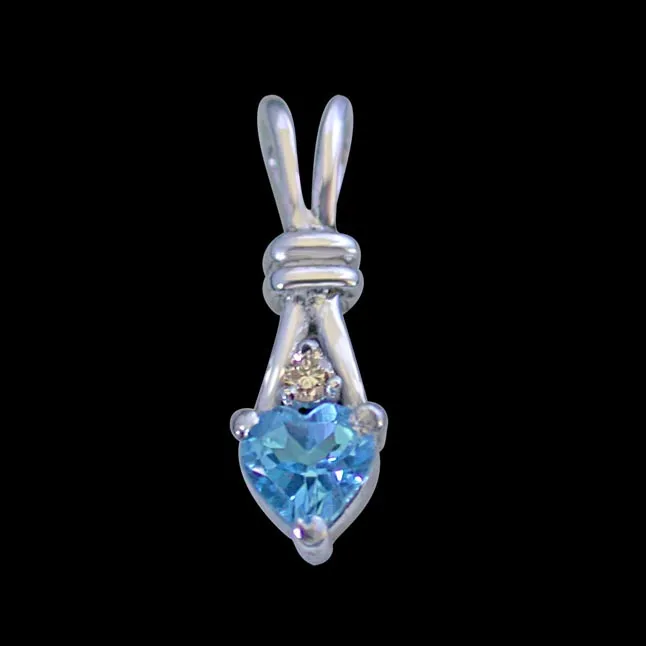 Single Diamond Set with Heart Shape Swiss Blue Topaz 925 Silver Pendant with 18 IN Chain (SDP255)