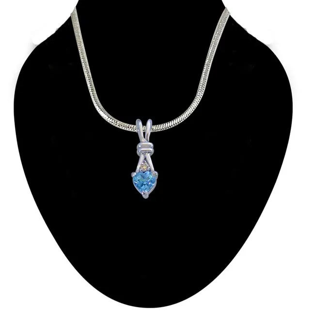 Single Diamond Set with Heart Shape Swiss Blue Topaz 925 Silver Pendant with 18 IN Chain (SDP255)