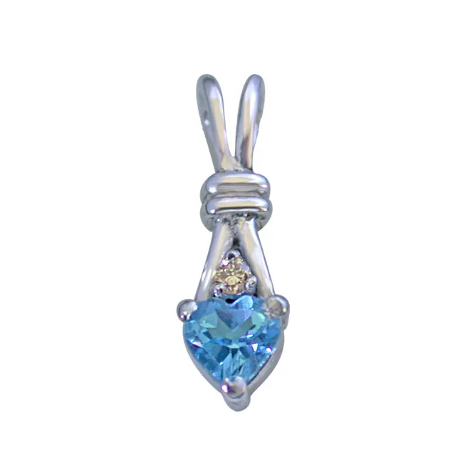 Single Diamond Set with Heart Shape Swiss Blue Topaz 925 Silver Pendant with 18 IN Chain (SDP255)