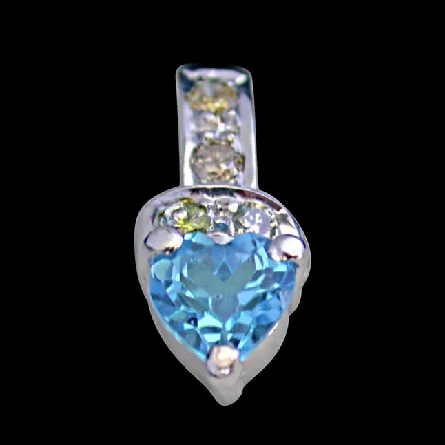 4 Diamonds Set with Heart Shape Swiss Blue Topaz 925 Silver Pendant with 18 IN Chain (SDP256)