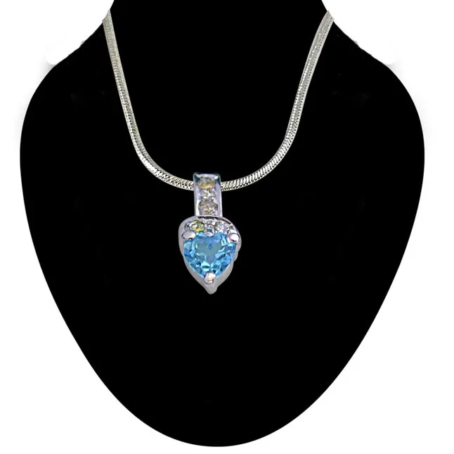 4 Diamonds Set with Heart Shape Swiss Blue Topaz 925 Silver Pendant with 18 IN Chain (SDP256)