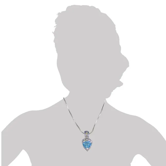 4 Diamonds Set with Heart Shape Swiss Blue Topaz 925 Silver Pendant with 18 IN Chain (SDP256)