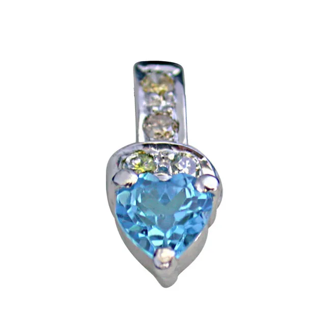 4 Diamonds Set with Heart Shape Swiss Blue Topaz 925 Silver Pendant with 18 IN Chain (SDP256)