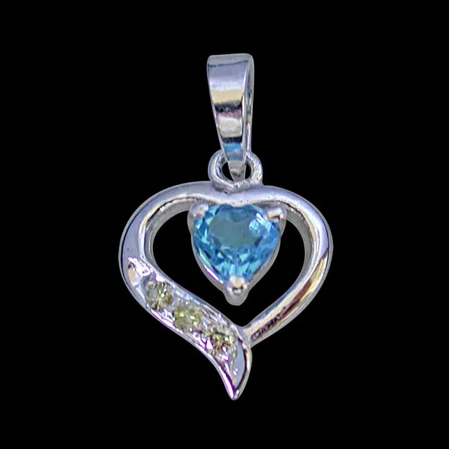 3 Round Diamond Set in 925 Heart Shape Silver with Heart Blue Topaz center Pendant with 18 IN Chain (SDP257)