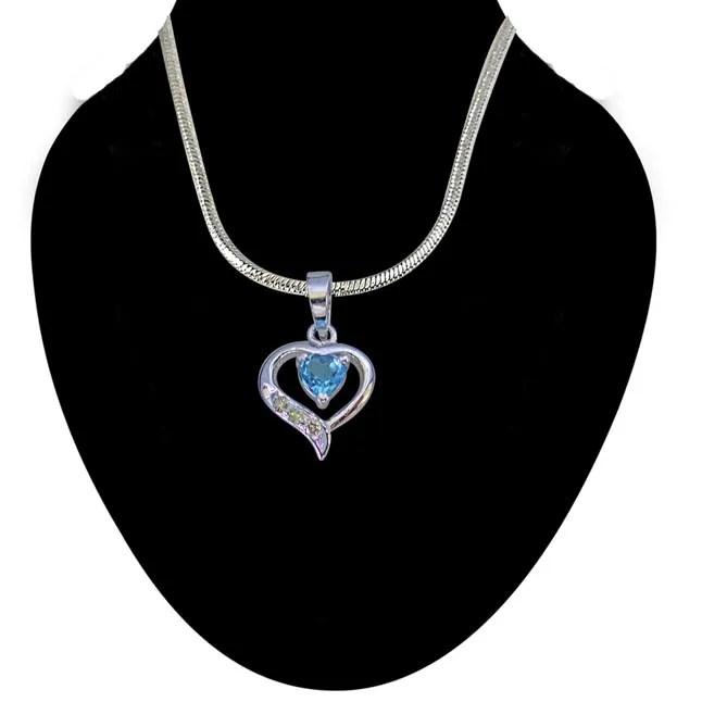 3 Round Diamond Set in 925 Heart Shape Silver with Heart Blue Topaz center Pendant with 18 IN Chain (SDP257)