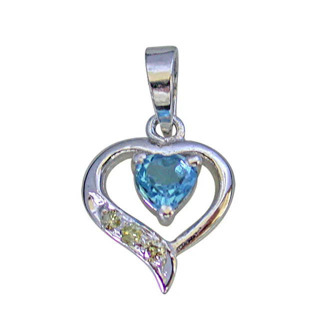 3 Round Diamond Set in 925 Heart Shape Silver with Heart Blue Topaz center Pendant with 18 IN Chain (SDP257)