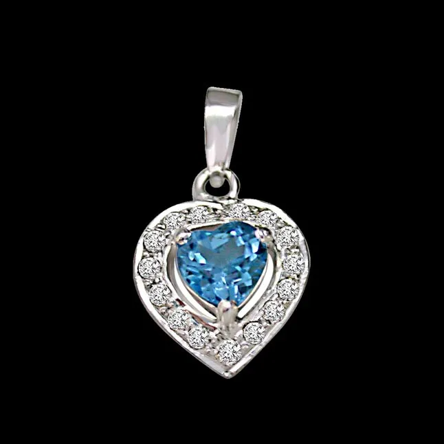 Heart Shaped Blue Topaz & Real Diamond Pendant With 18 IN Chain (SDP258)