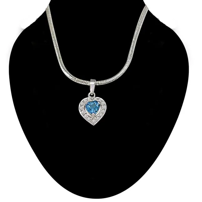Heart Shaped Blue Topaz & Real Diamond Pendant With 18 IN Chain (SDP258)