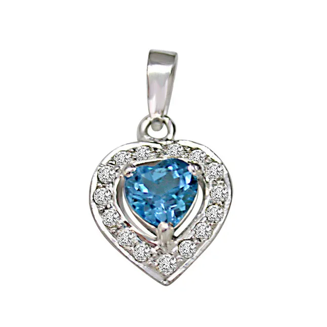 Heart Shaped Blue Topaz & Real Diamond Pendant With 18 IN Chain (SDP258)