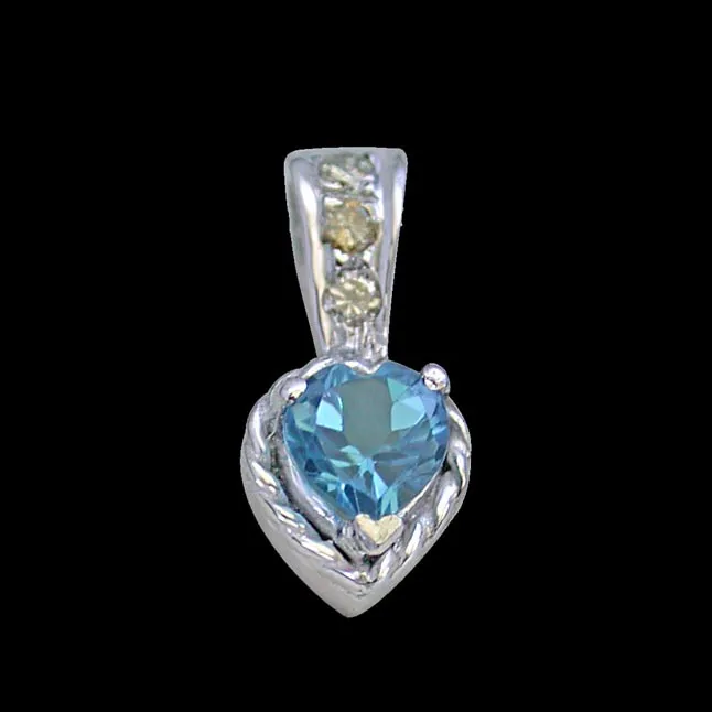 Solitaire Heart Shape Swiss Blue Topaz with 3 Diamond in 925 Silver Pendant with 18 IN Chain (SDP259)