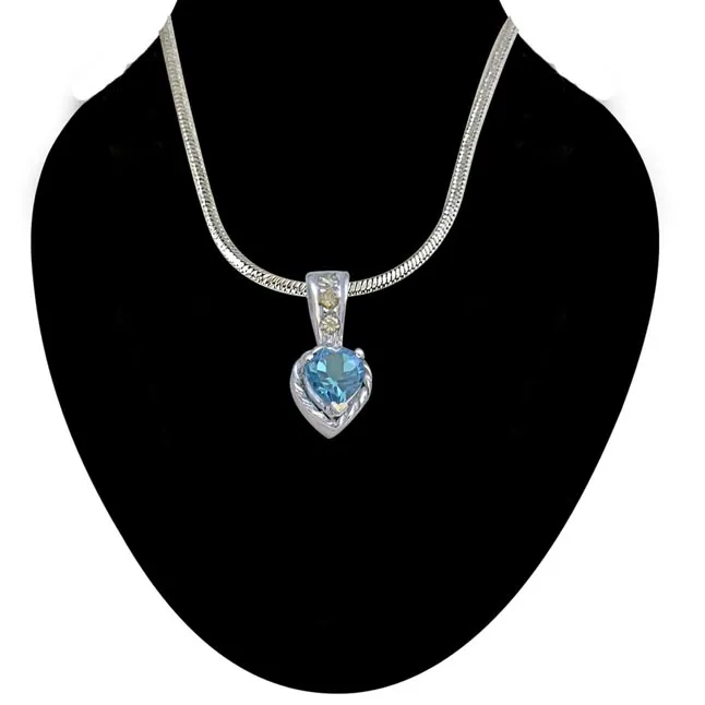 Solitaire Heart Shape Swiss Blue Topaz with 3 Diamond in 925 Silver Pendant with 18 IN Chain (SDP259)