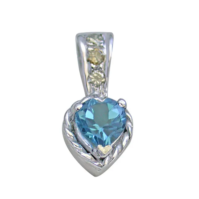 Solitaire Heart Shape Swiss Blue Topaz with 3 Diamond in 925 Silver Pendant with 18 IN Chain (SDP259)