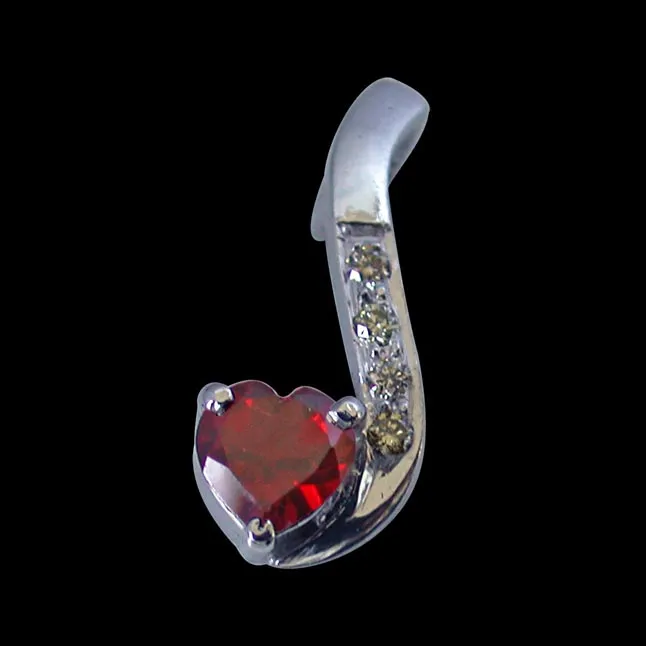 Diamond & Heart Shape Garnet Set in very Engaging manner in 925 Silver Pendant with 18 IN Chain (SDP263)