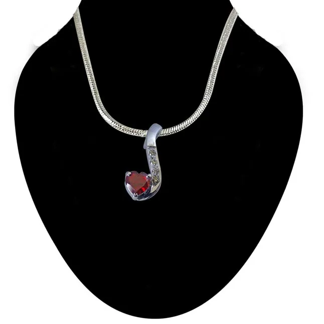 Diamond & Heart Shape Garnet Set in very Engaging manner in 925 Silver Pendant with 18 IN Chain (SDP263)