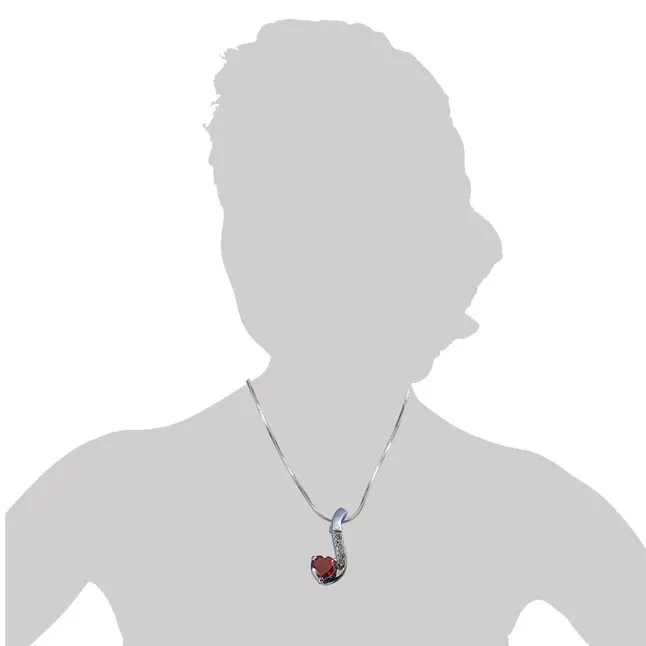 Diamond & Heart Shape Garnet Set in very Engaging manner in 925 Silver Pendant with 18 IN Chain (SDP263)