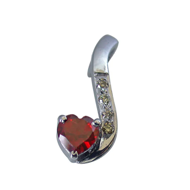 Diamond & Heart Shape Garnet Set in very Engaging manner in 925 Silver Pendant with 18 IN Chain (SDP263)